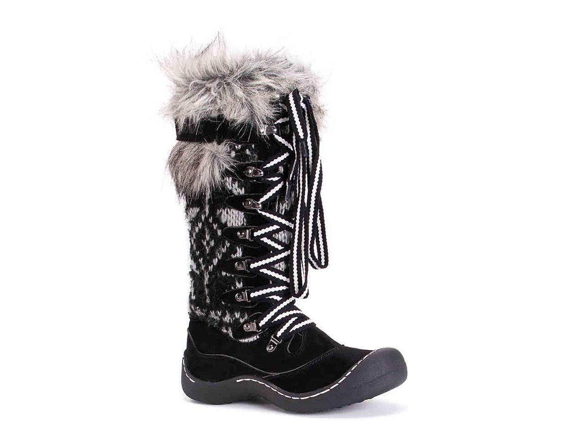 black and white lace up boots with faux fur trim