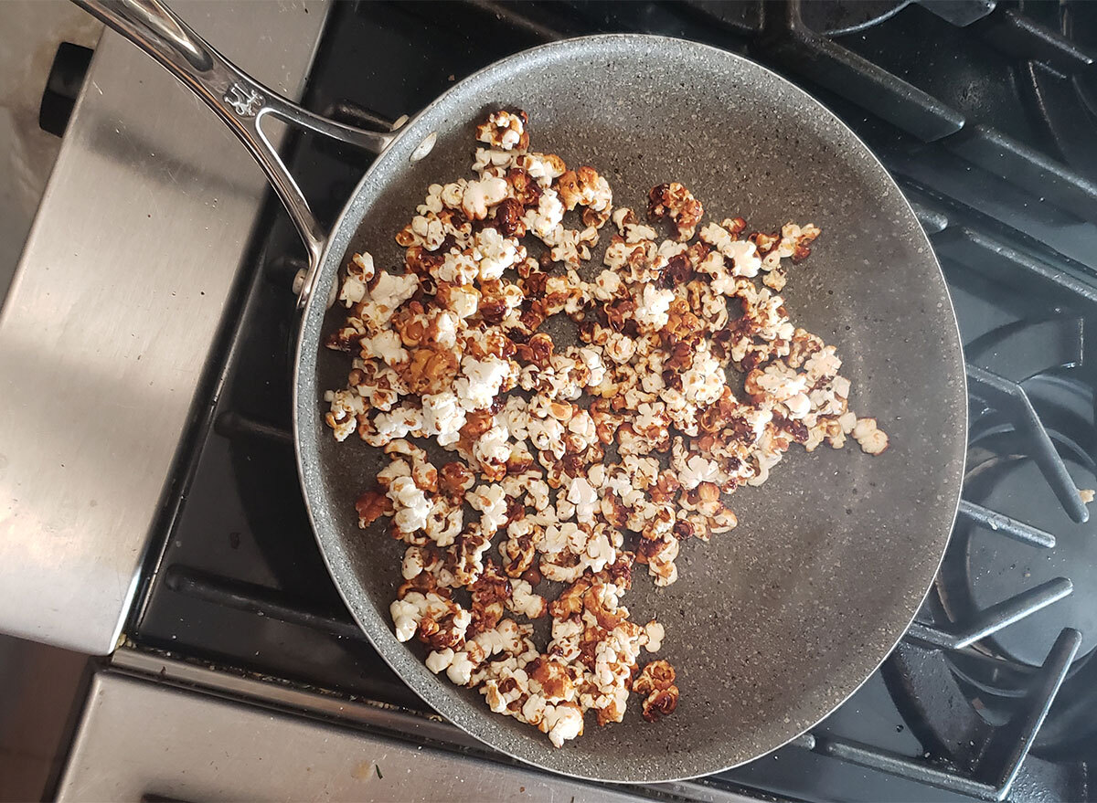 skittles popcorn in pan on stovetop