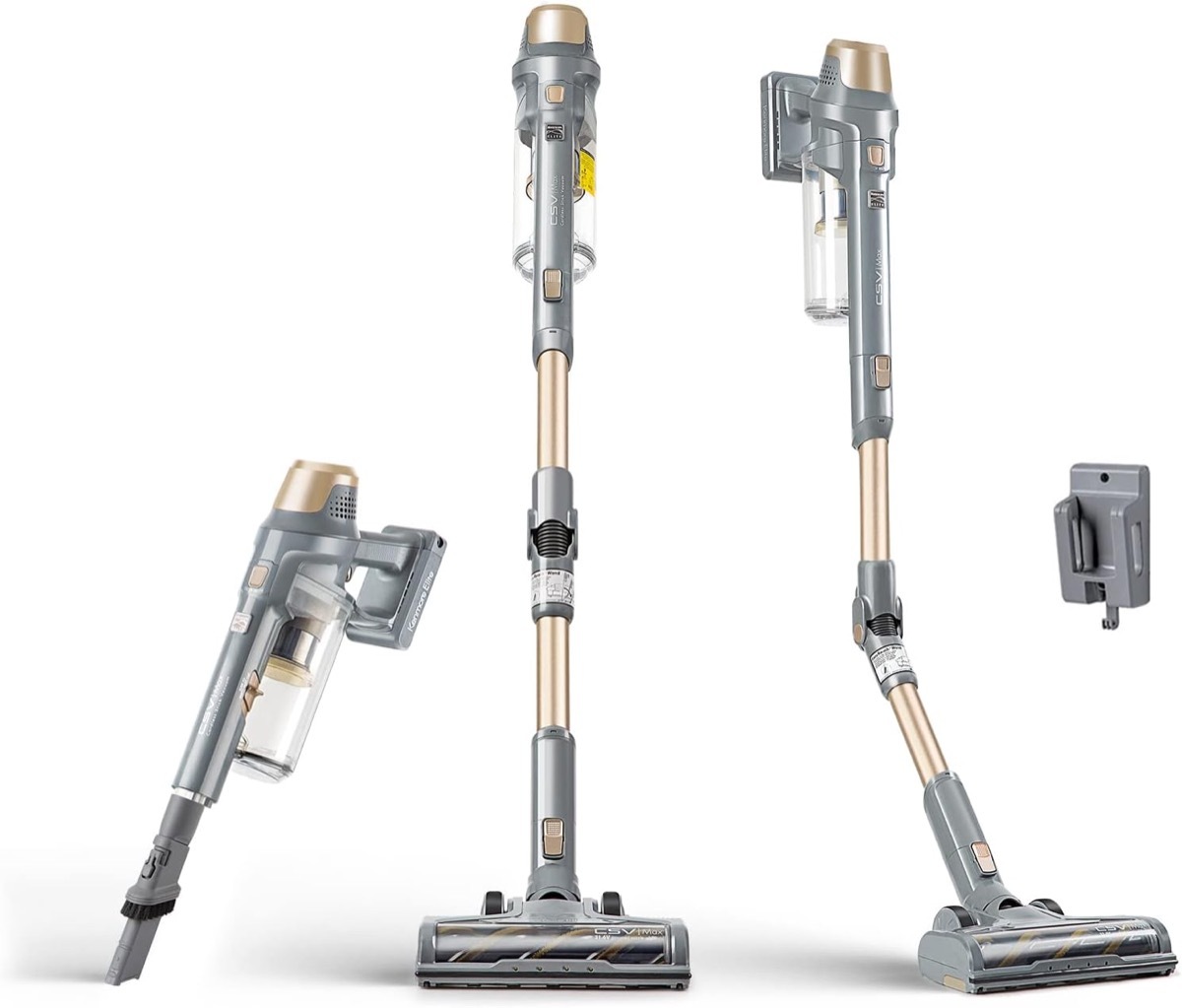 A Kenmore Cordless Brushless stick vacuum in a series of adjustments