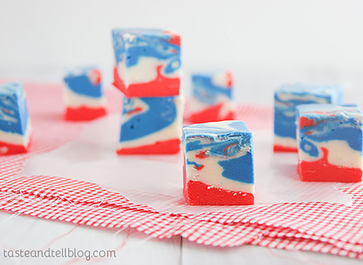 red white and blue fudge squares on white and red gingham napkin