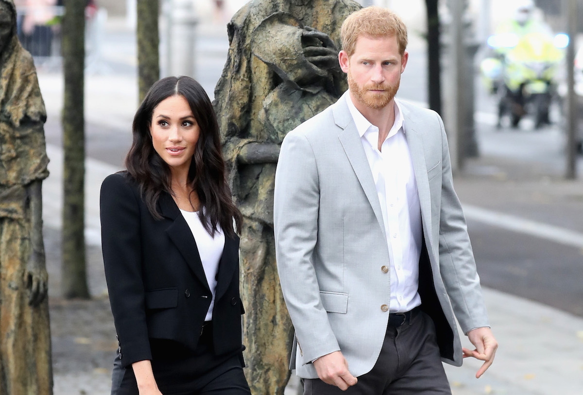 Prince Harry, Duke of Sussex and Meghan, Duchess of Sussex view the famine memorial on the bank of the River Liffey during their visit to Ireland on July 11, 2018 in Dublin, Ireland.