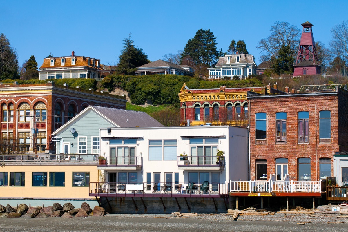 Port Townsend, Washington waterfront view of old Victorian era architecture on a clear sunny day with blue sky. Tourist destination on the Olympic Peninsula in the northwest USA. - Image