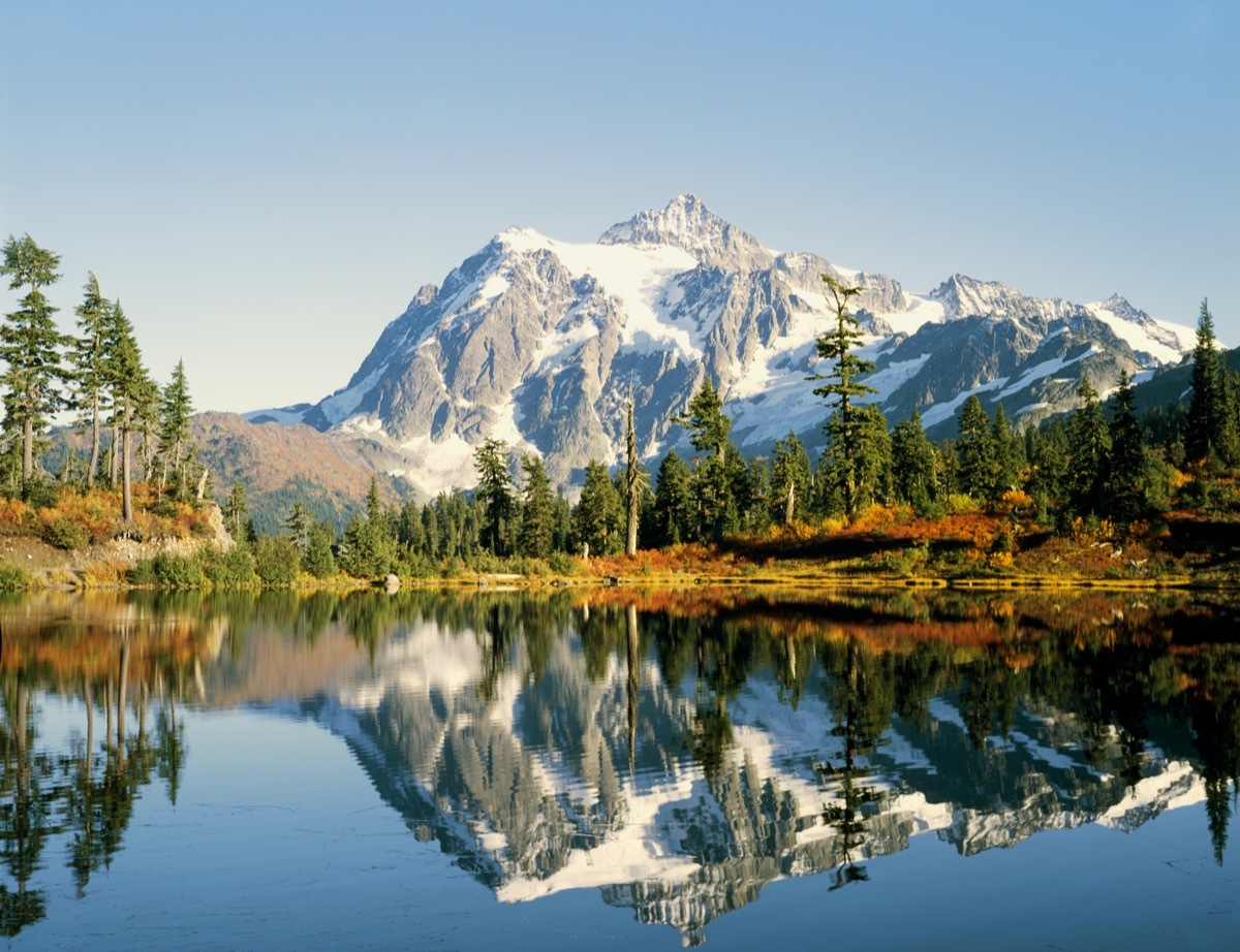 Mt Shuksan in Washington state in late autumn - Picture Lake in foreground.