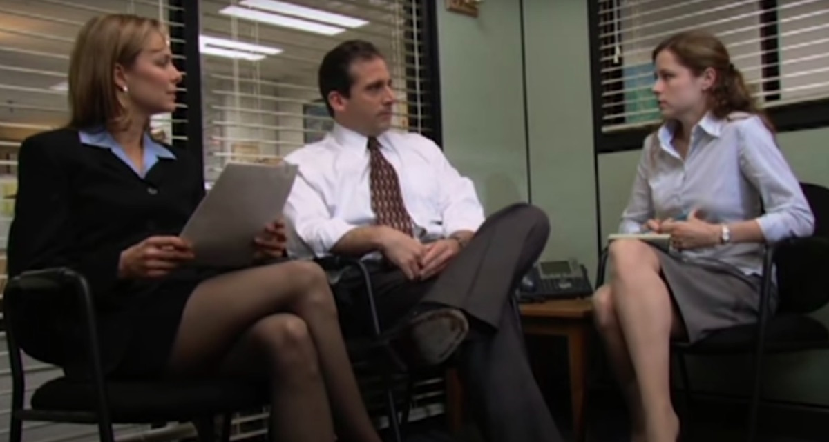 Melora Hardin, Steve Carell, and Jenna Fischer in The Office Pilot