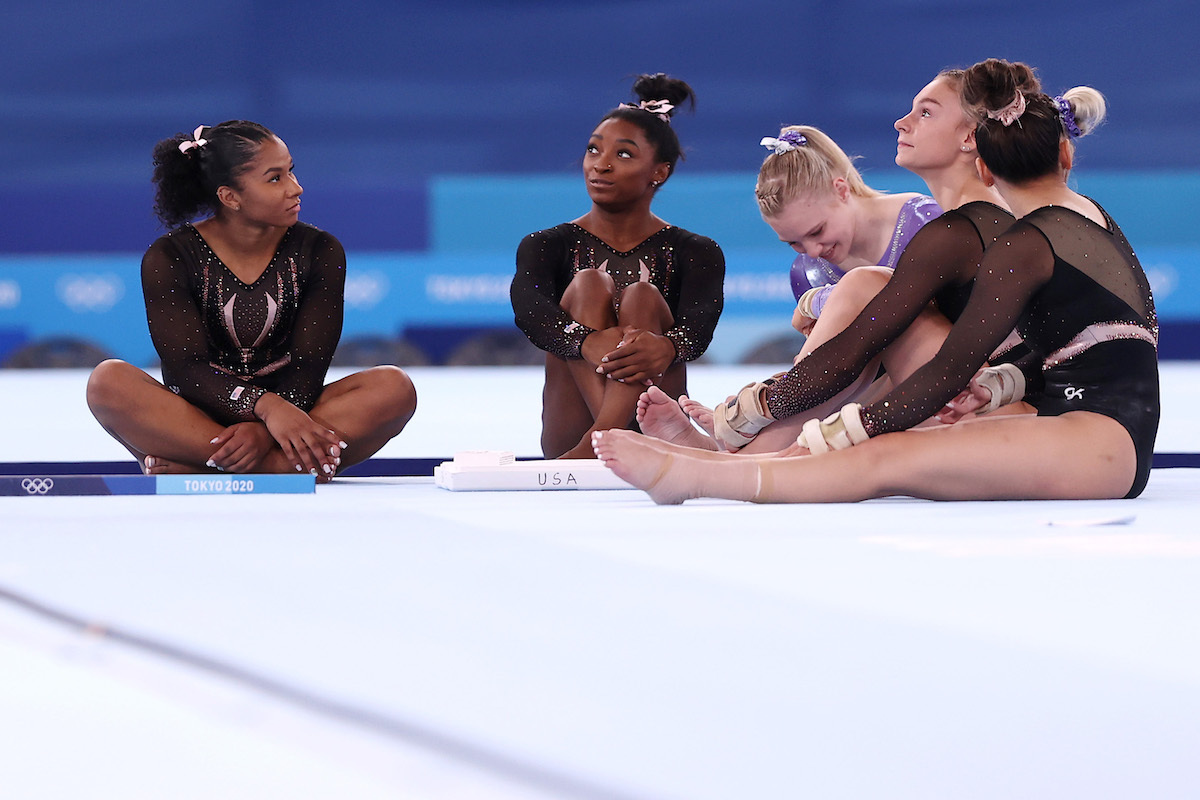 The U.S. women's gymnastics team during podium training at the 2021 Tokyo Olympics