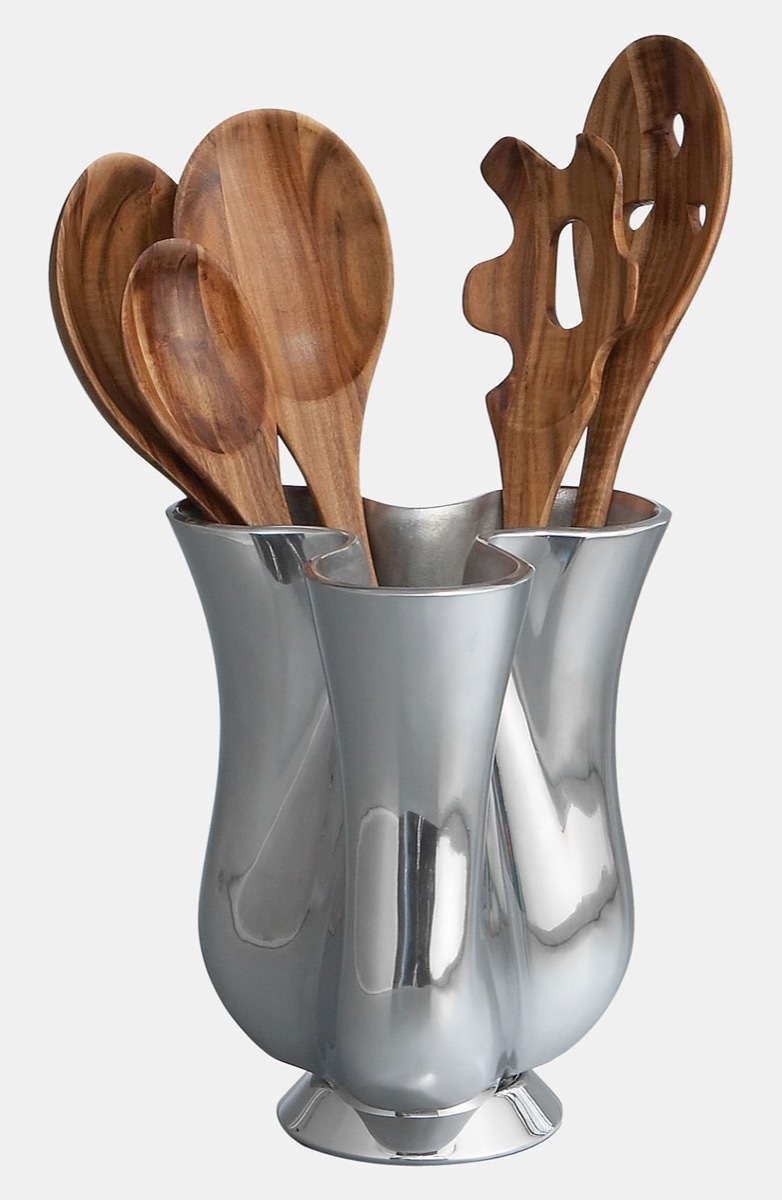 wooden utensils in metal vase, kitchen decorations