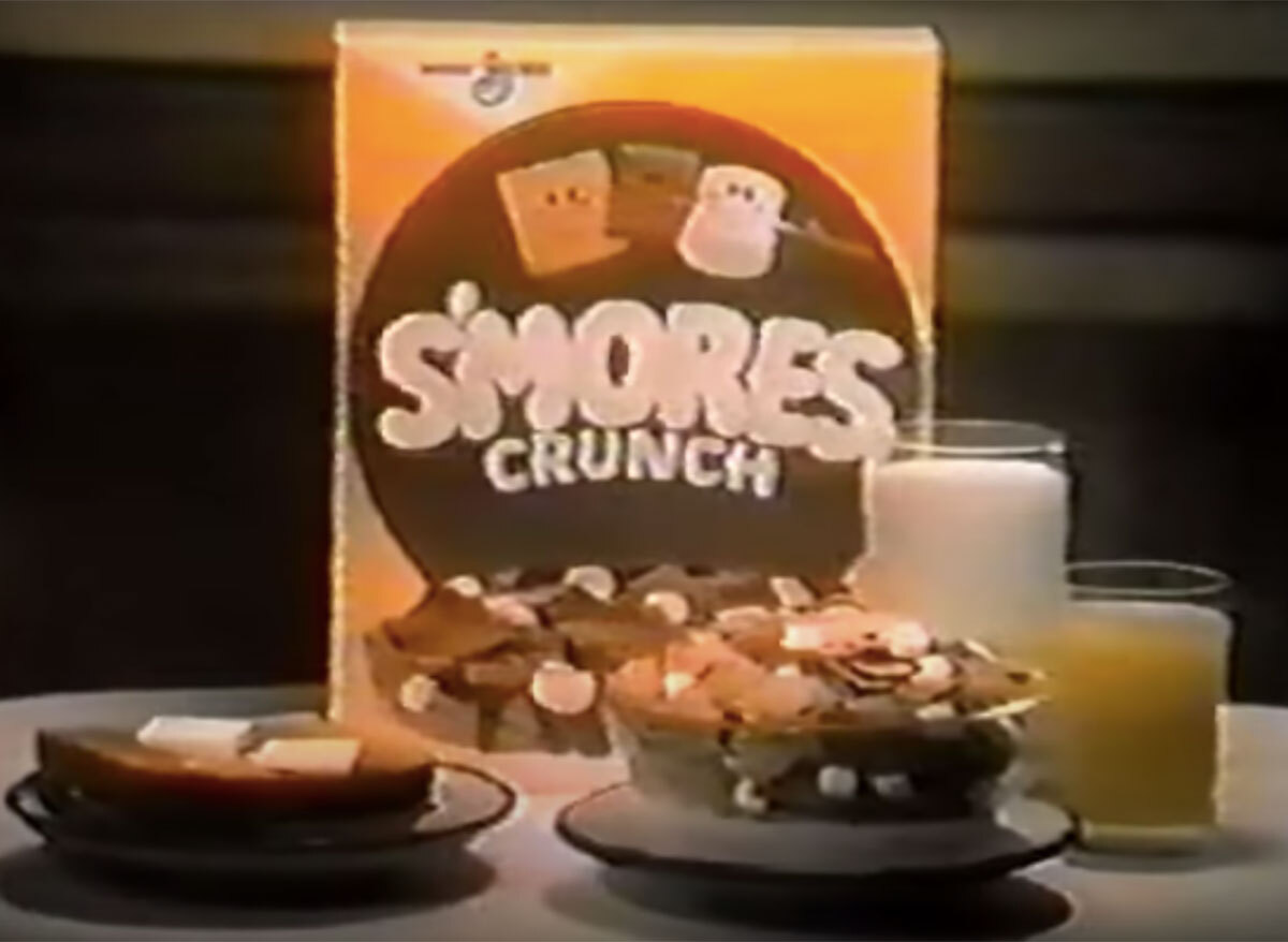 bowls of smores crunch cereal with box from vintage commercial