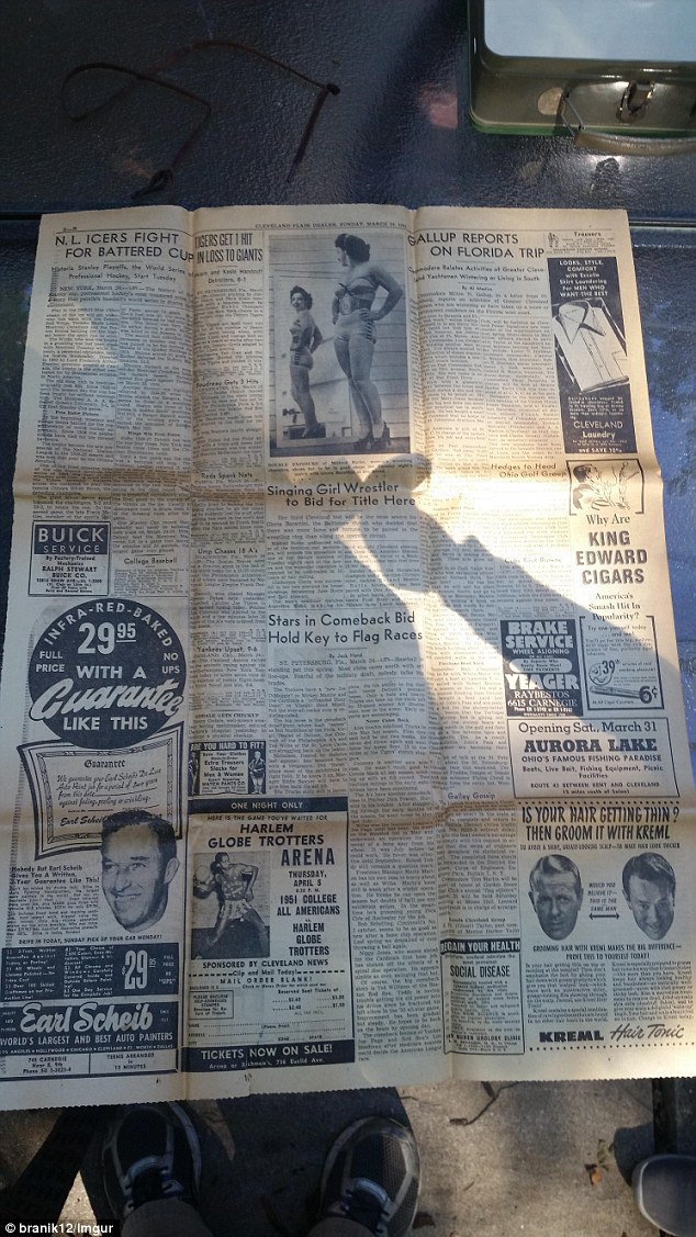 Newspaper lined the bottom of the green case, dating back to 1951 