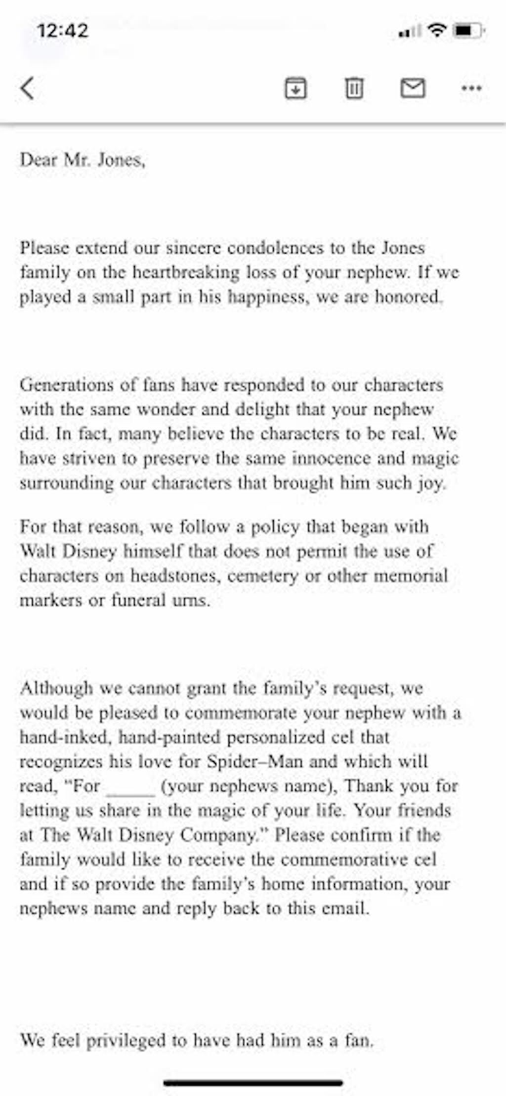 disney denies father's request to put spider-man on son's grave