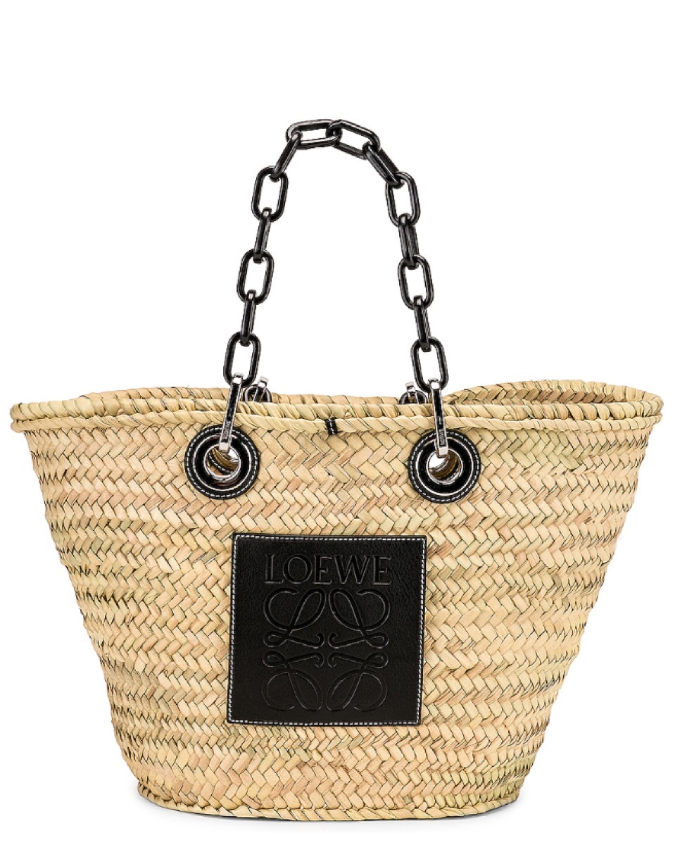 woven basket with chain straps, luxury beach bags