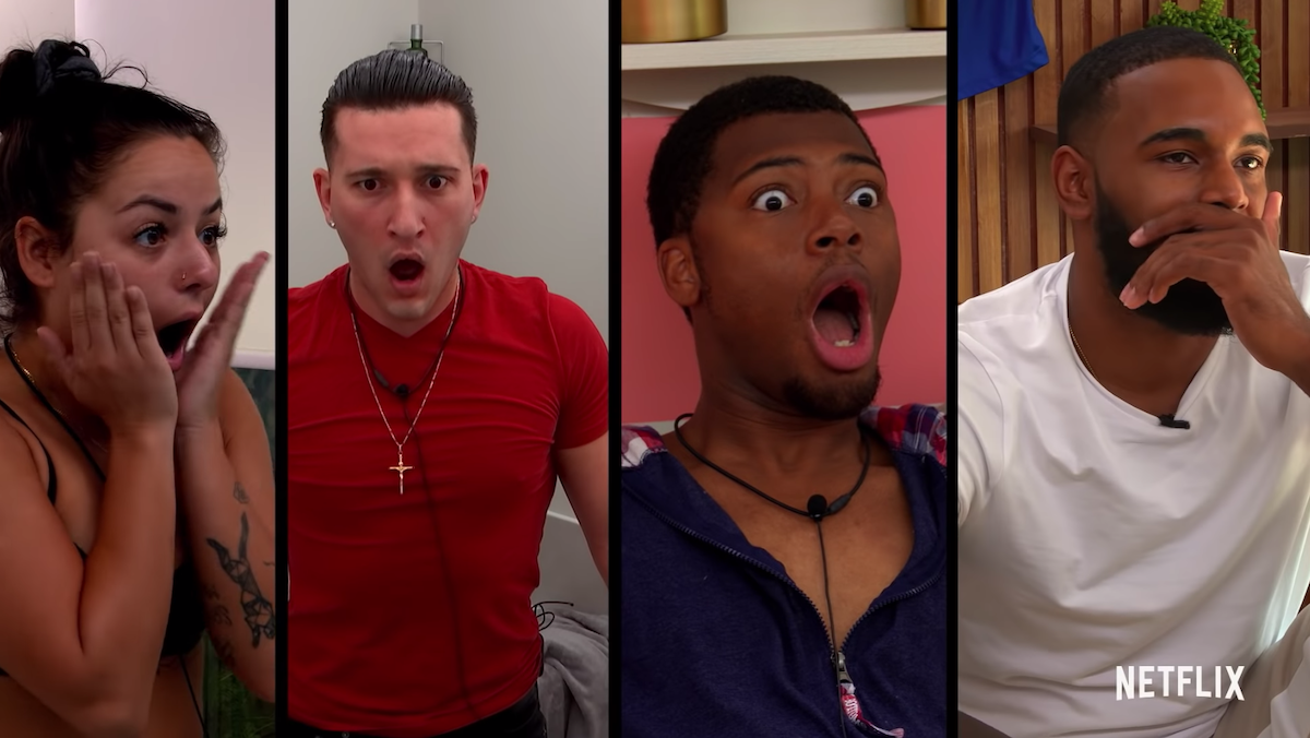 cast members of the circle on netflix look shocked, from left sammie, joey, seaburn, and antonio