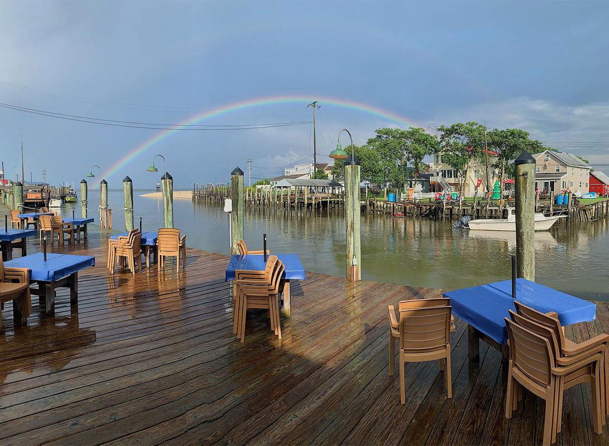 outdoor seating and rainbow at jps wharf in delaware