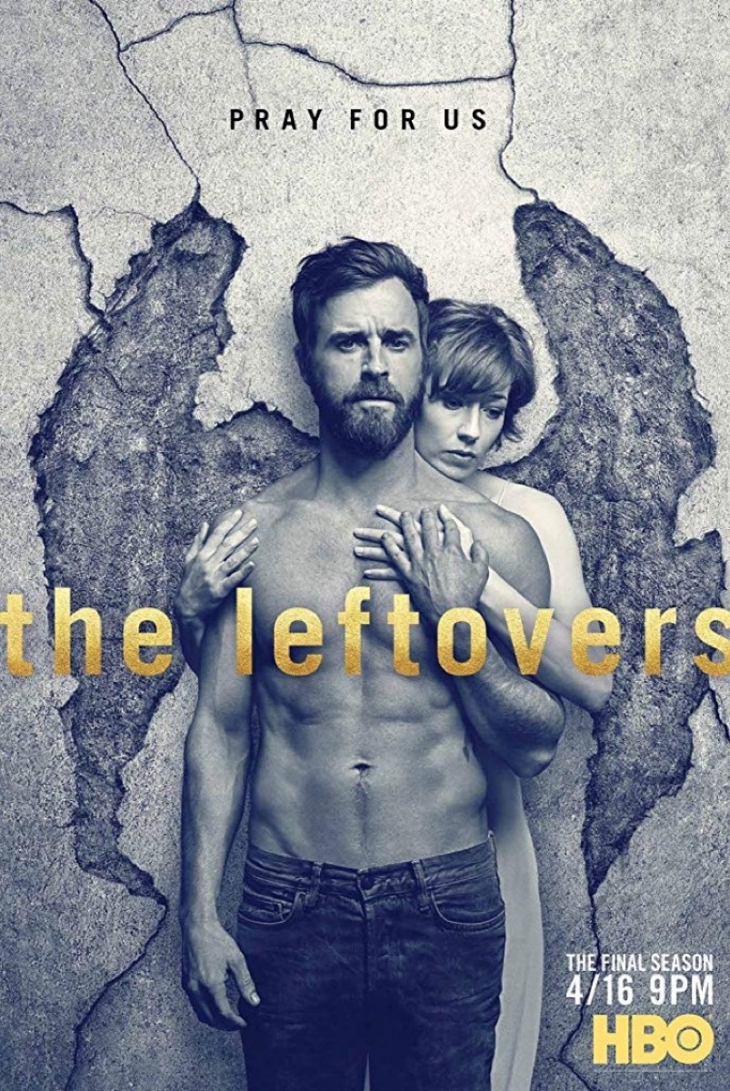 shirtless justin theroux with angel wings hugged by carrie coon in black and white promotional image