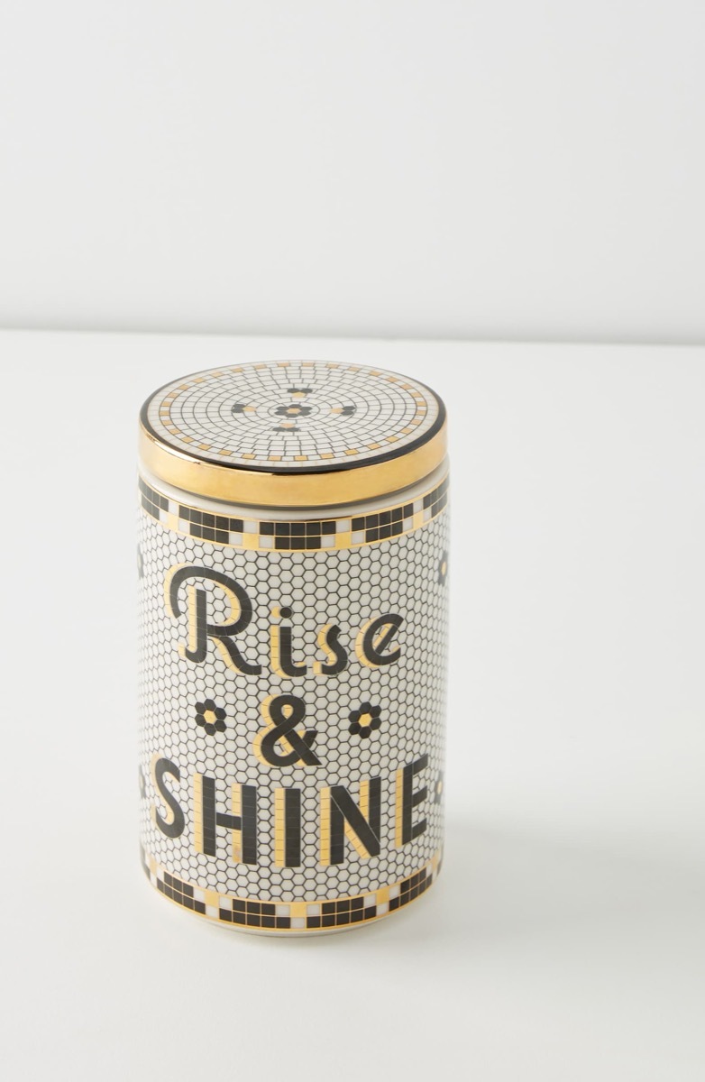 tiled kitchen canister with rise and shine written on it, Kitchen Decorations