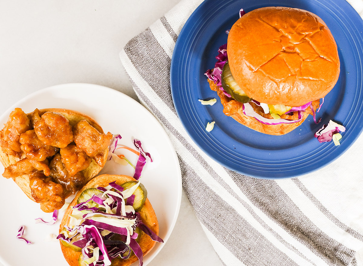 orange chicken sandwiches with pickles and slaw