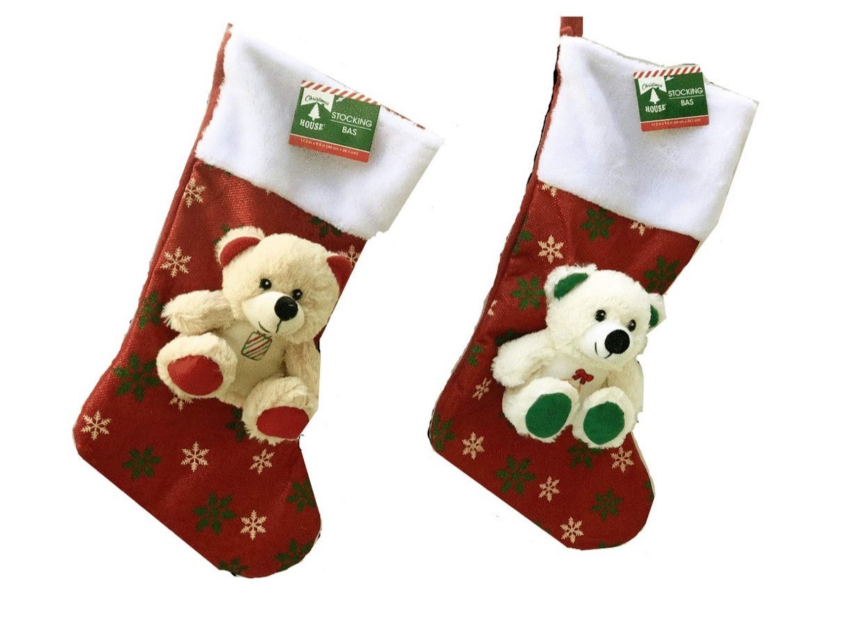 red stockings with teddy bears on them