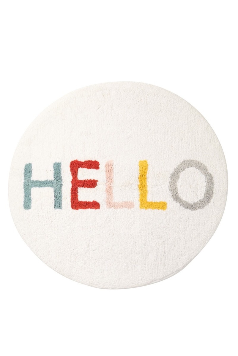 bath mat with the word hello on it, bathroom accessories