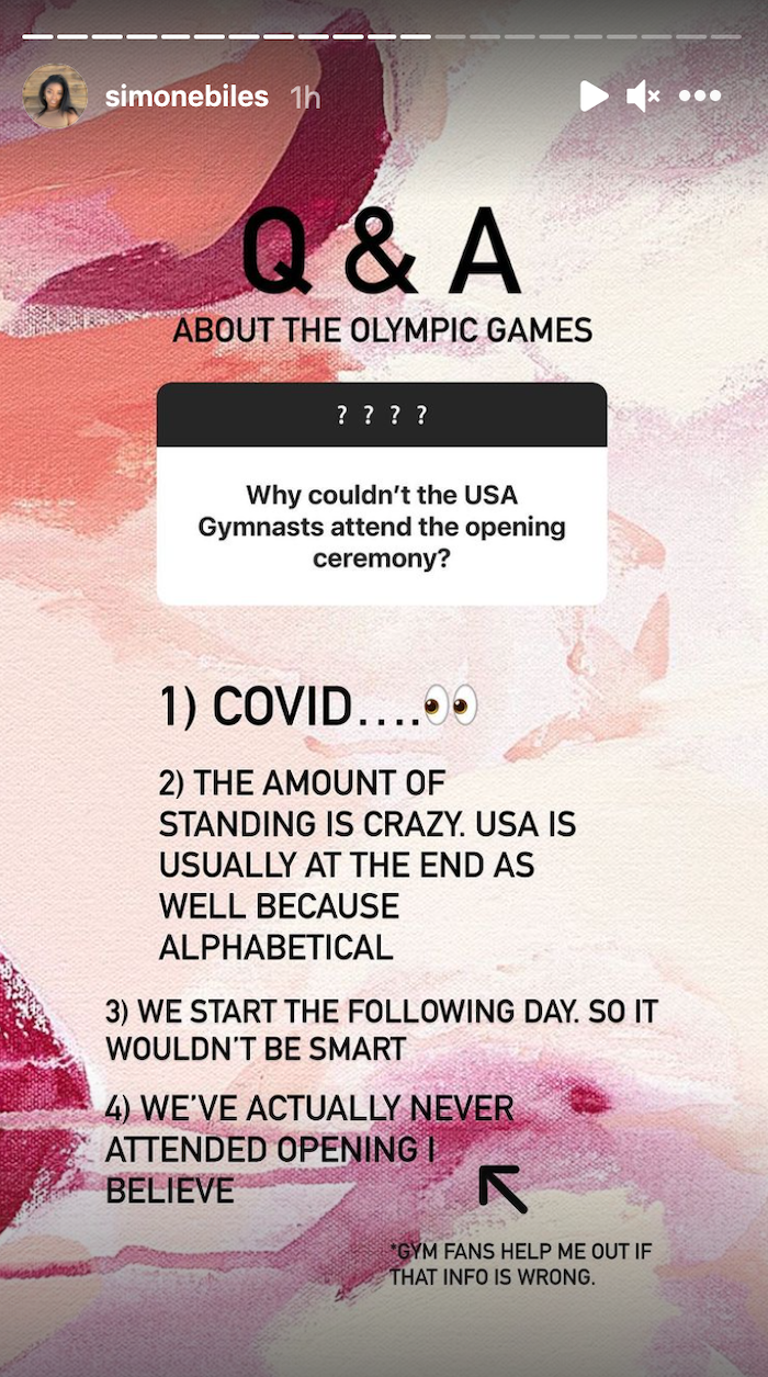 Simone Biles' Instagram Story response to a fan asking about the opening ceremony