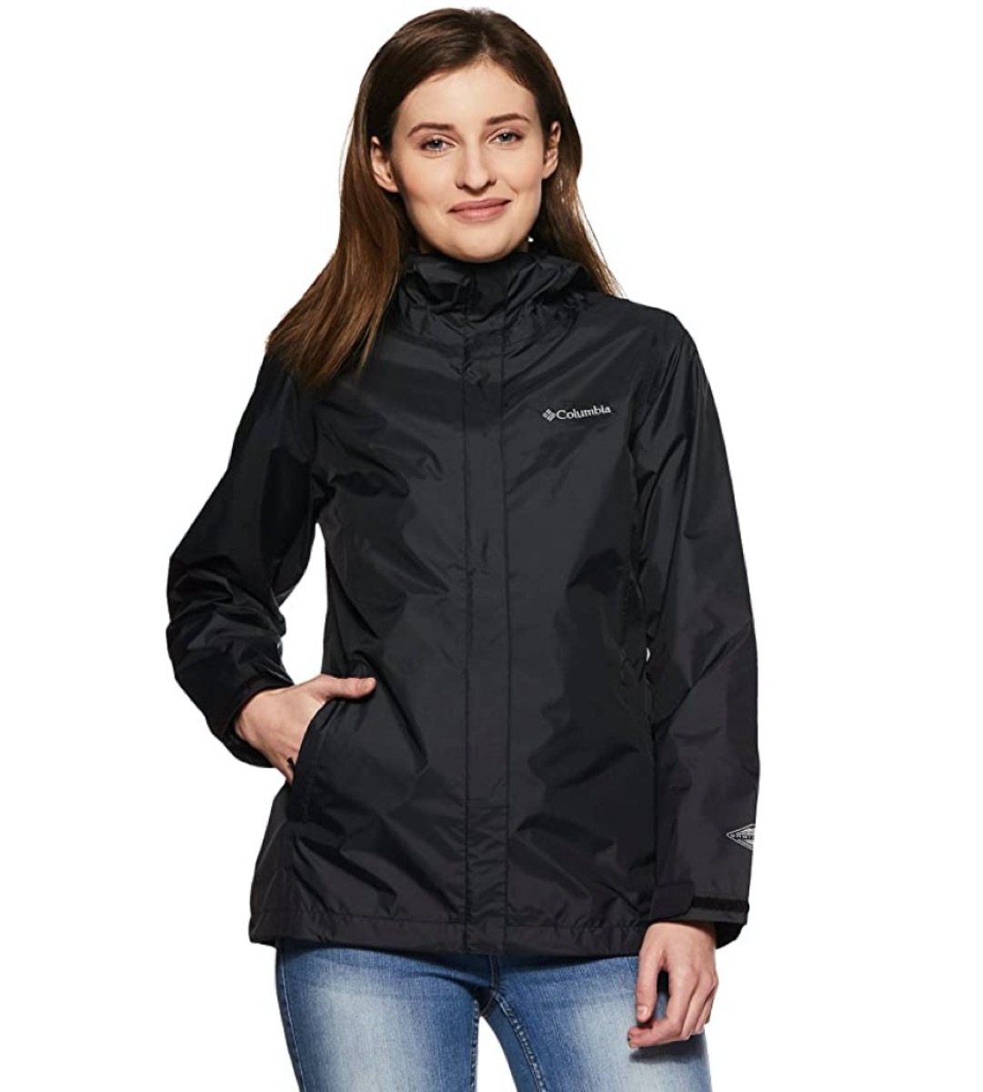 young white woman in black rain jacket