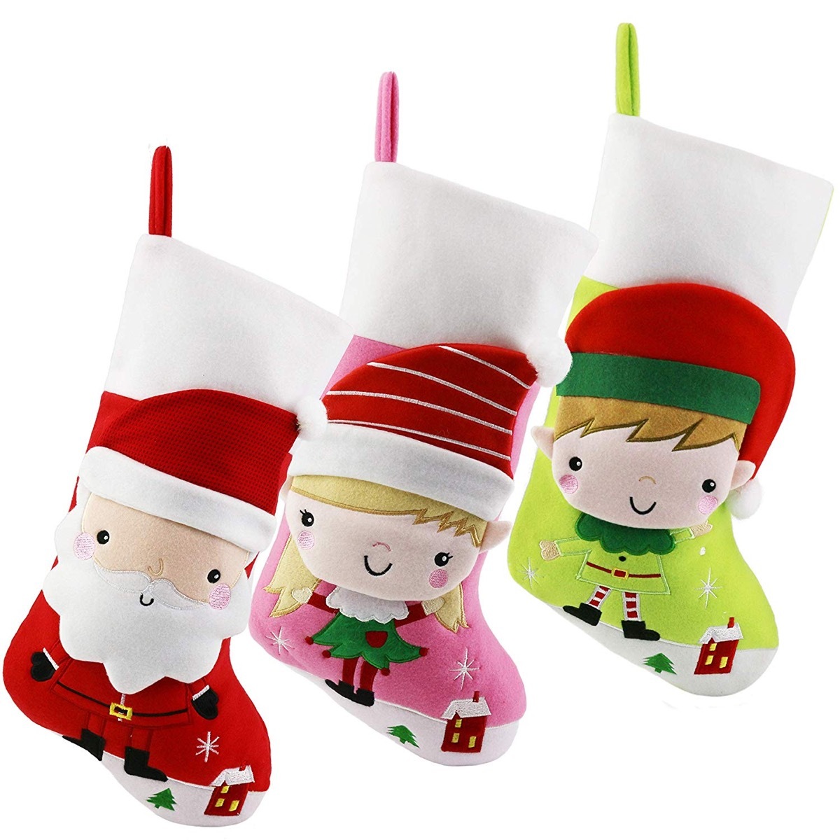 white stockings with santa and cartoon elves on them