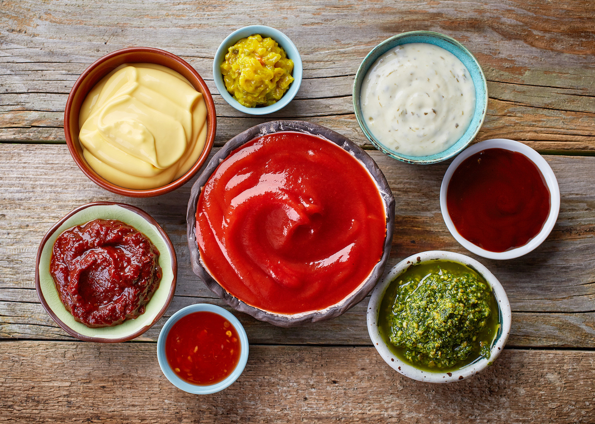 bowls of various dip sauces, top view