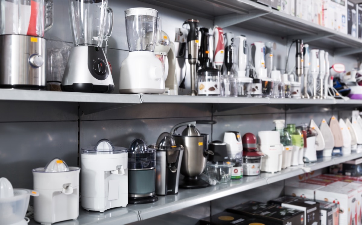 small appliances on shelves at kitchen appliance store