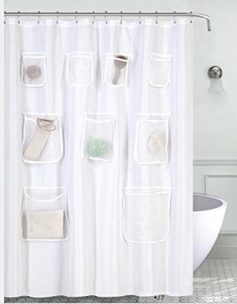 white shower curtain with pockets