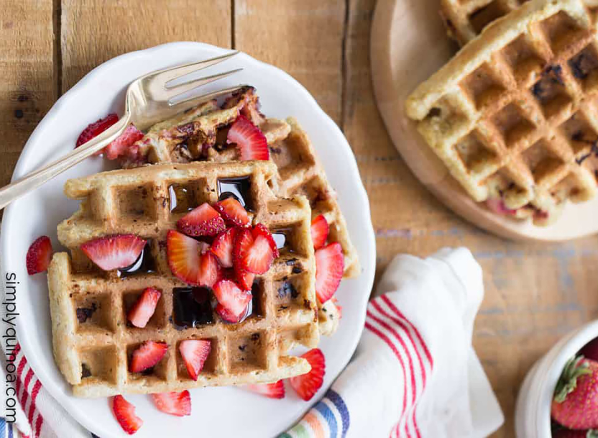 square quinoa waffles topped with strawberry pieces