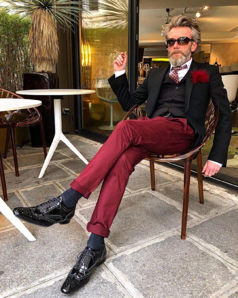 Pierrick Mathon in black waistcoat and burgundy trousers| 12 Classiest Yet Fun OOTD You’ve Ever Seen From Pierrick Mathon | Her Beauty