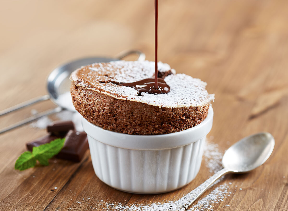 chocolate souffle in white ramekin