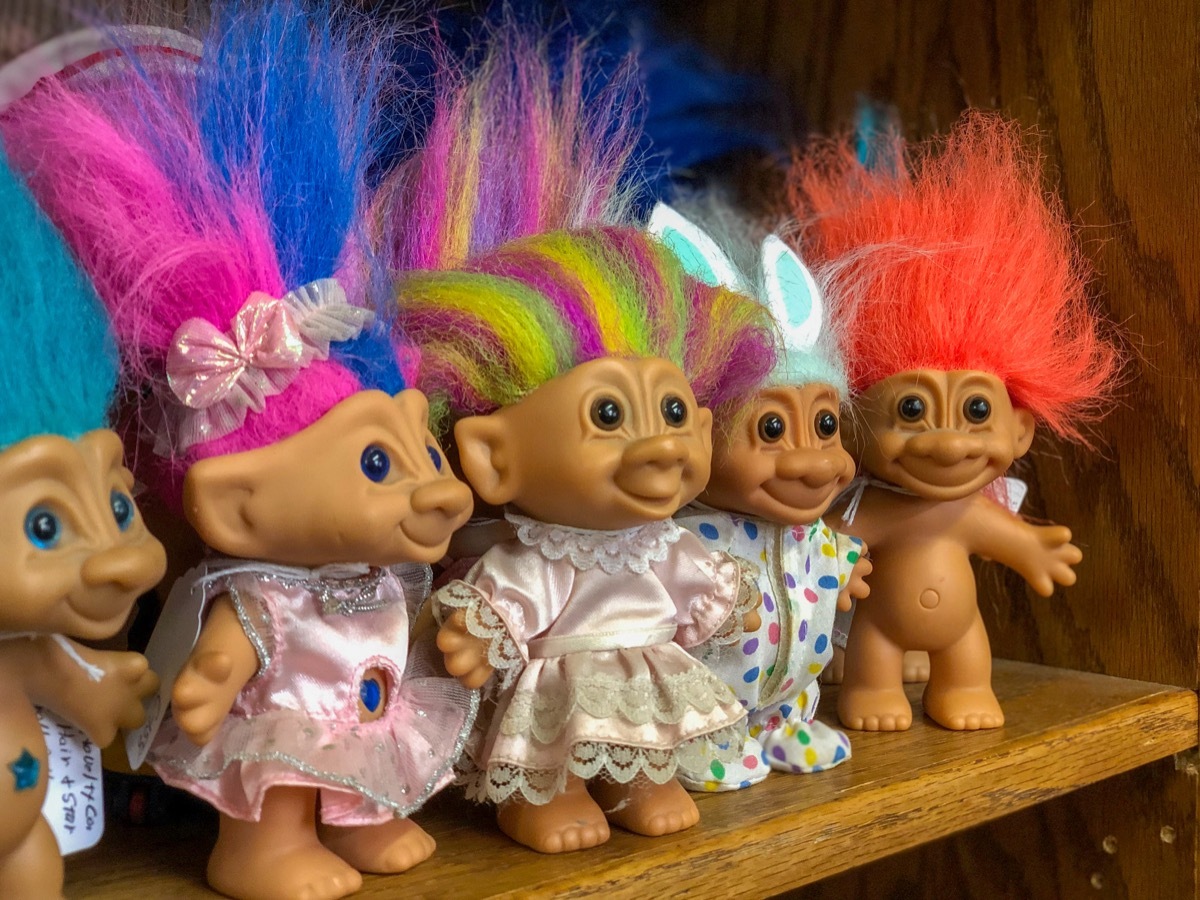 troll dolls on a shelf