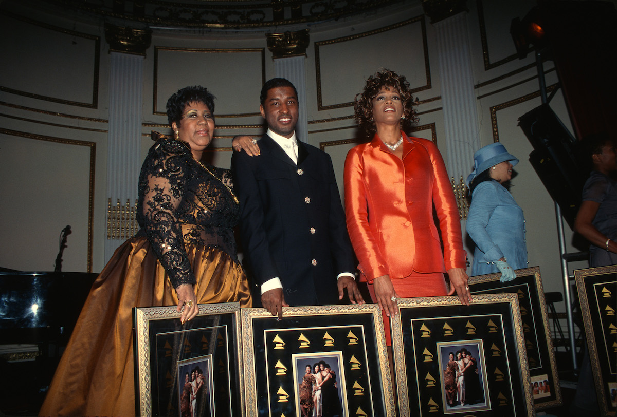 Aretha Franklin, Babyface Edmonds, and Whitney Houston at the Clive Davis Pre-Grammy Party in 1997