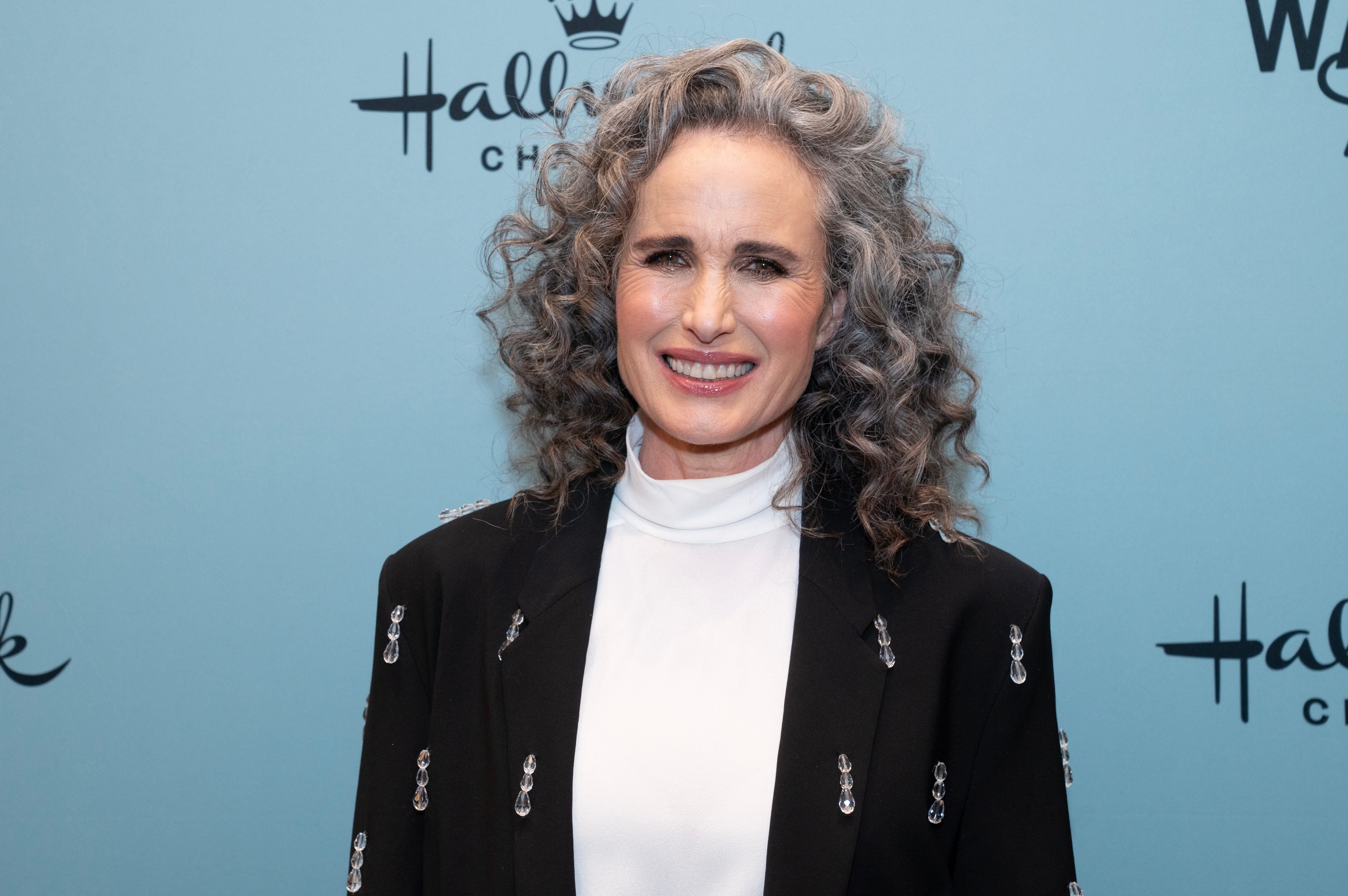 Andie MacDowell at Hallmark press event gray hair
