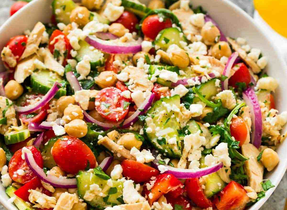 chickpea tuna salad in white bowl