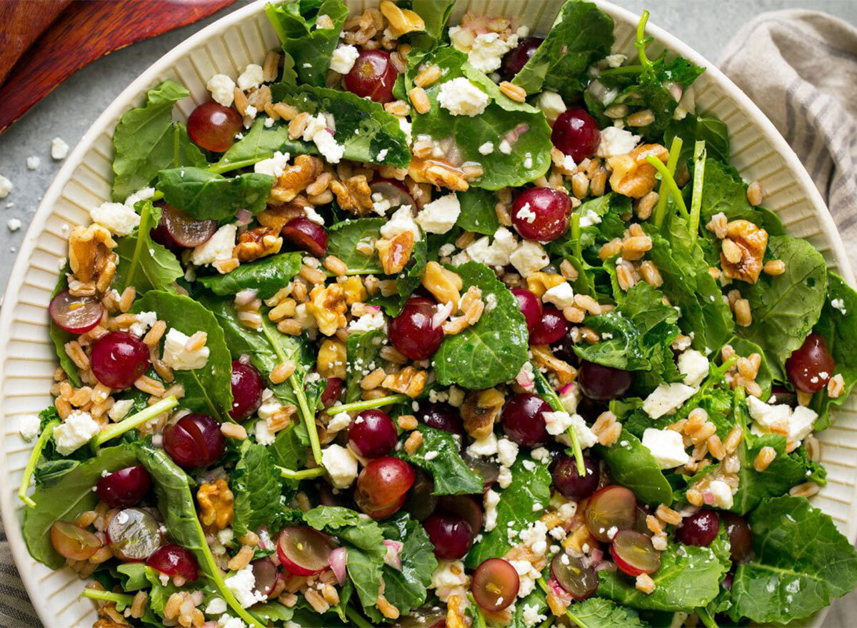 kale and farro salad with grapes and feta cheese
