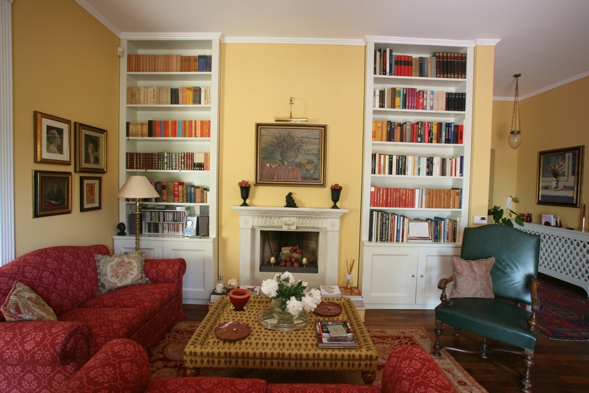 colorful living room with yellow walls