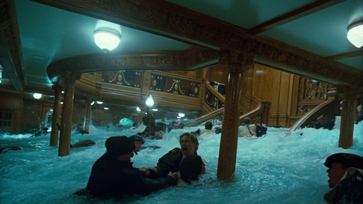 Grand staircase flooding scene in Titanic