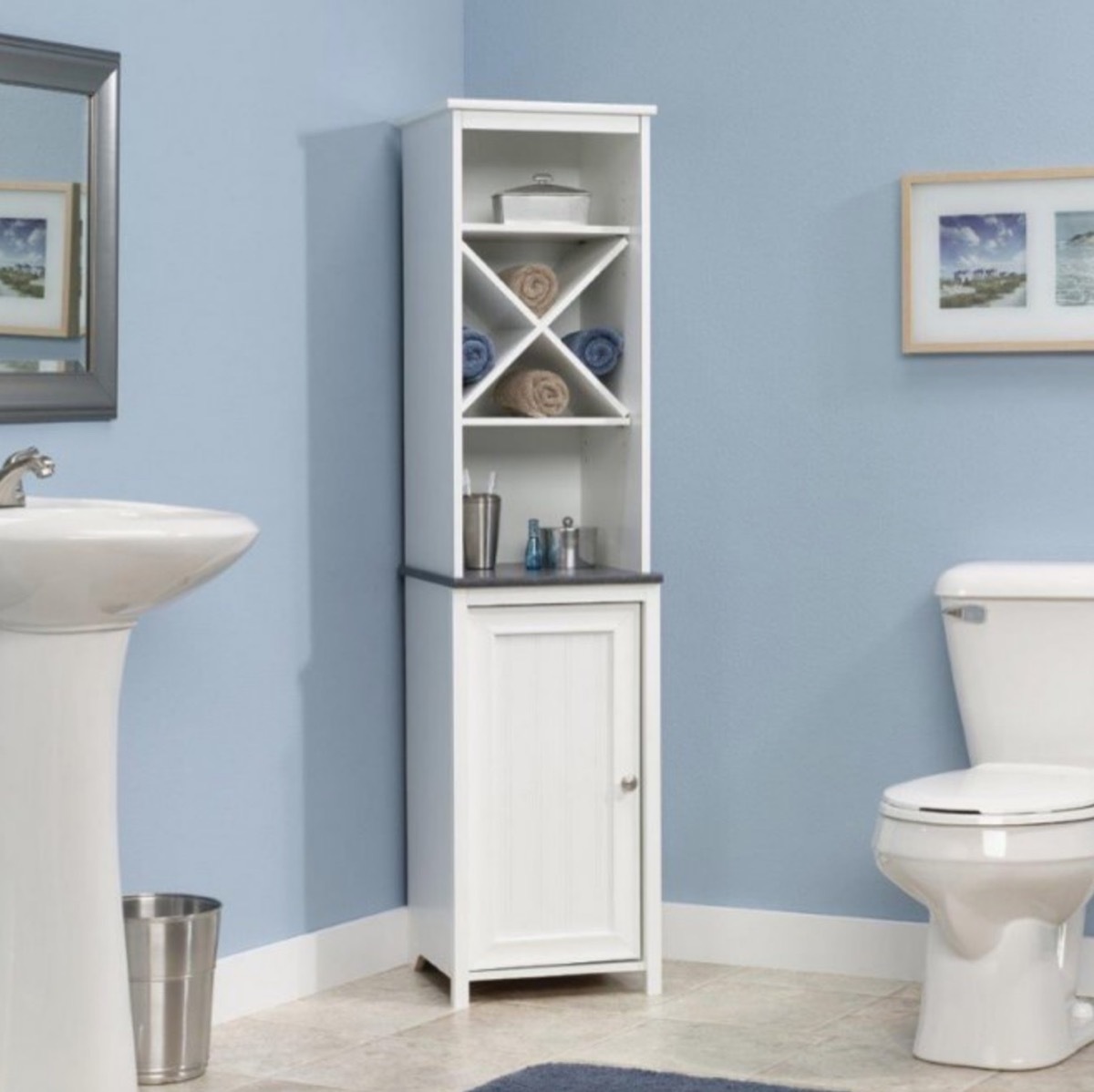 white storage cabinet in blue bathroom, bathroom accessories