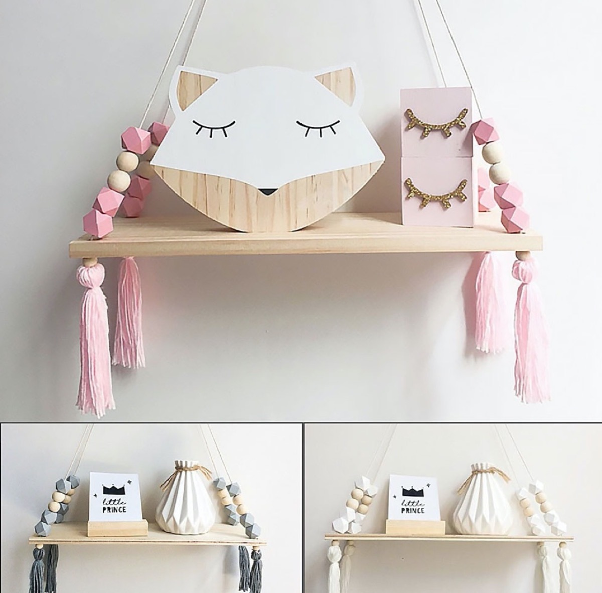 wooden kids shelf with pink tassels