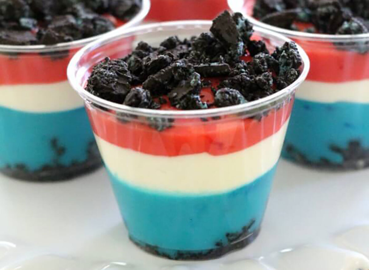 red white and blue pudding cups with oreo topping