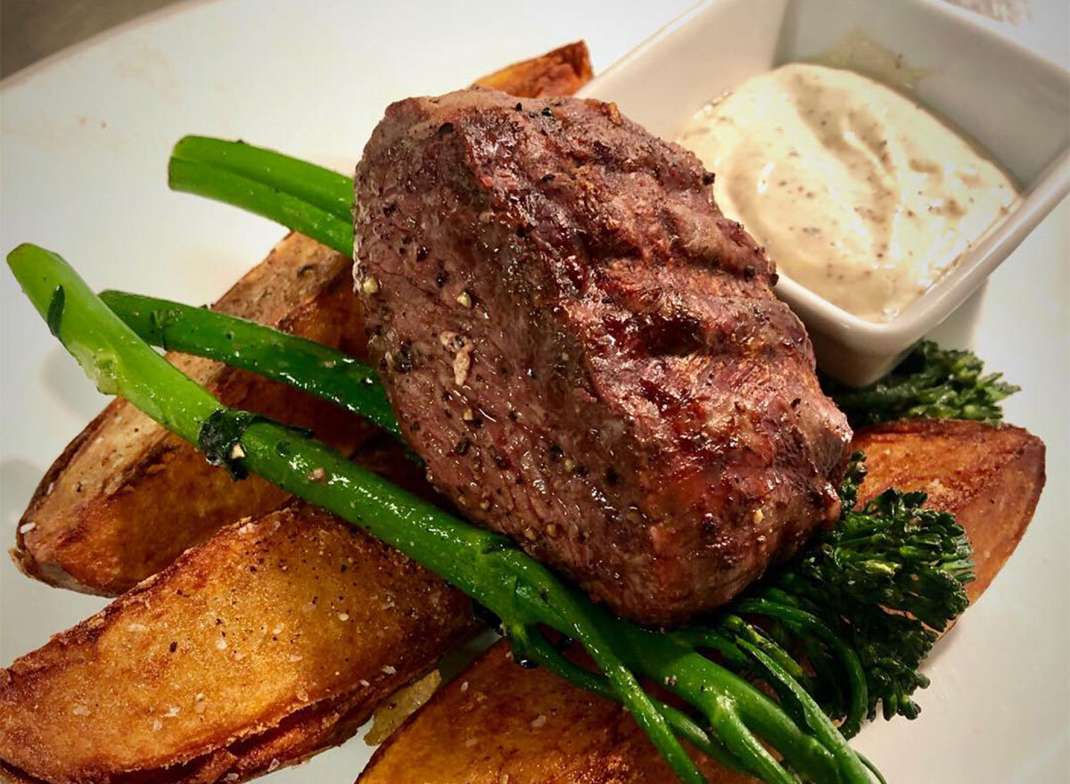 steak with broccolini and fries