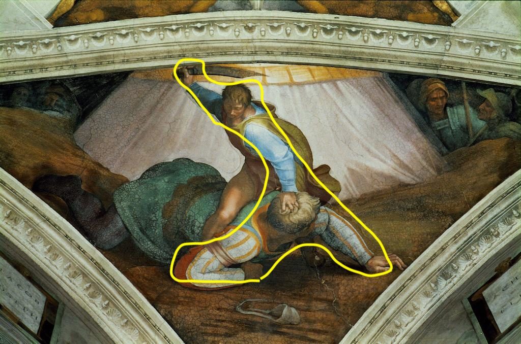 P100C6 The Sistine Chapel; ceiling frescos after restoration. David and Goliath. Author: Michelangelo (1475-1564). Location: Sistine Chapel, Vatican City, Vatican.