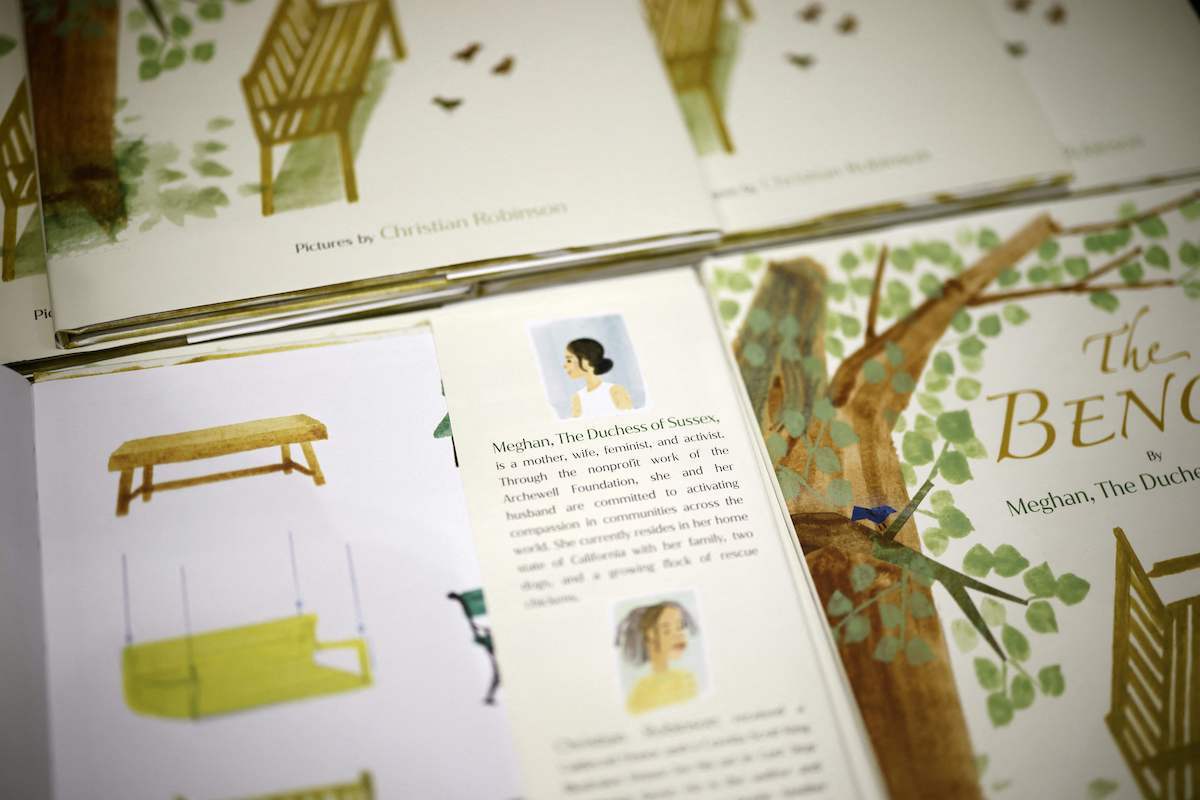 A detail from the children's book 'The Bench' by Meghan, Duchess of Sussex, which is inspired by her husband Harry and her son Archie, is pictured on display in a bookshop in London on June 8, 2021, following its release.