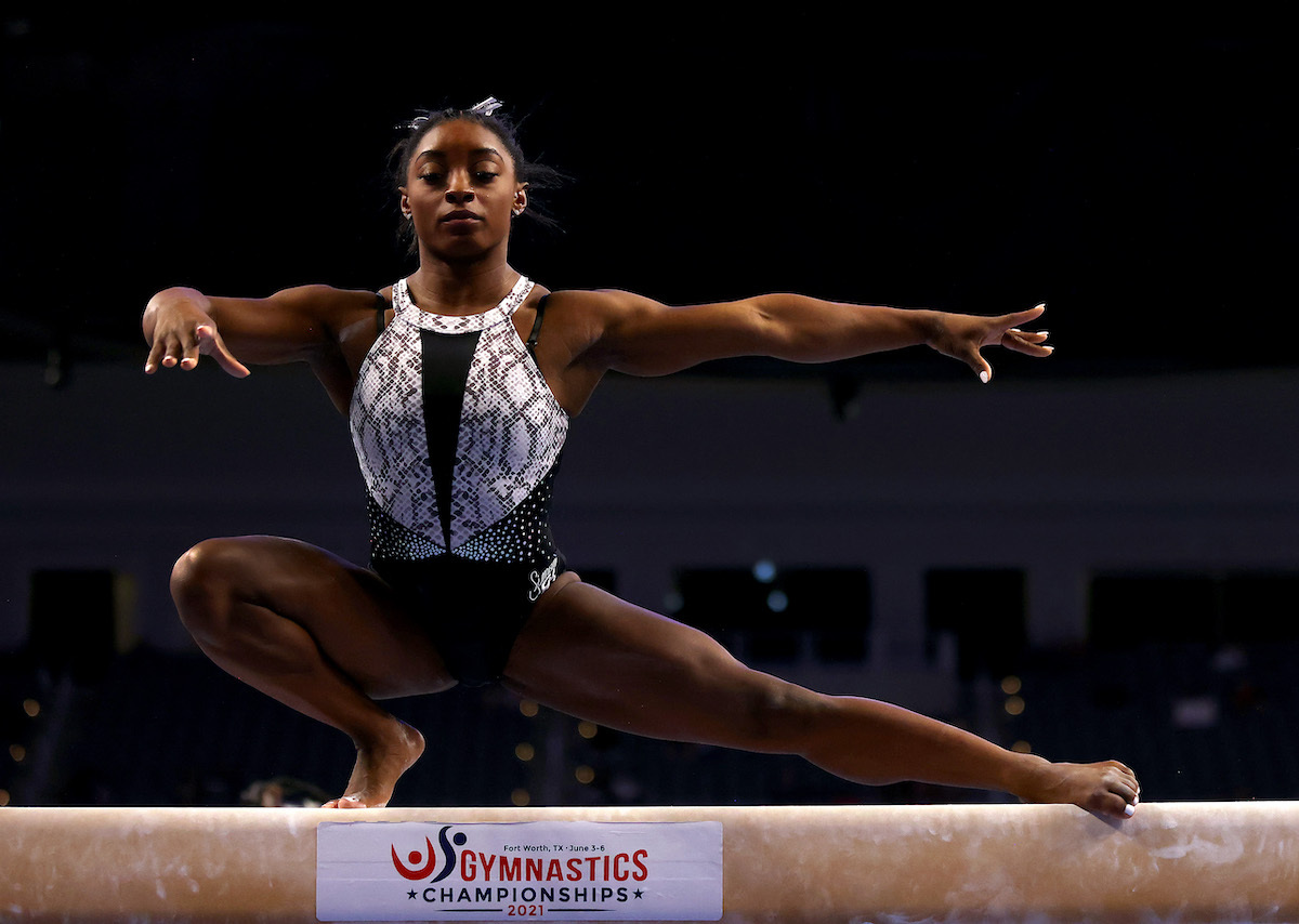 Simone Biles warms up on the beam prior to the Senior Women's competition of the U.S. Gymnastics Championships at Dickies Arena on June 06, 2021 in Fort Worth, Texas. 
