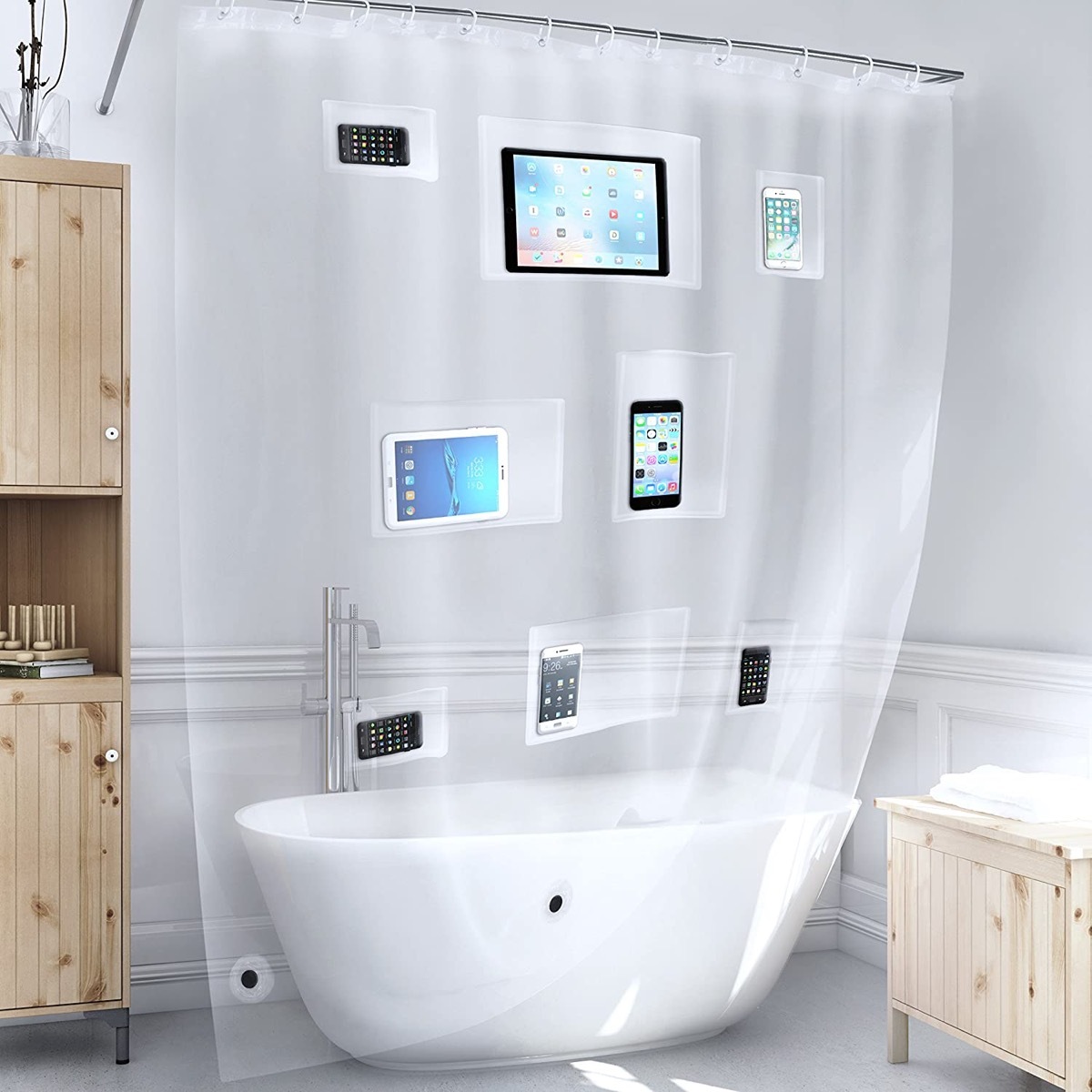 clear shower curtain with pockets and ipads