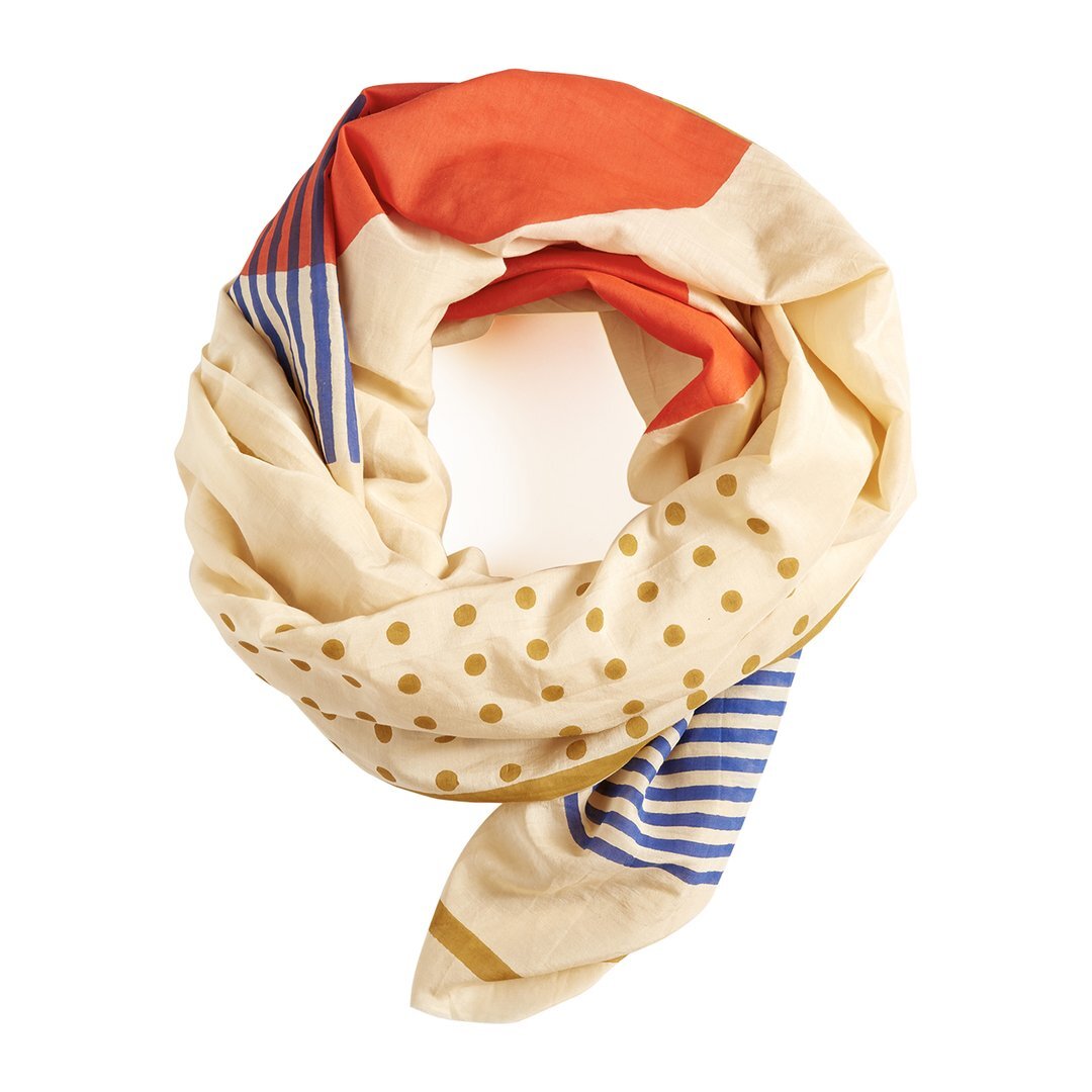 Block shop scarf with gold dots and blue stripes
