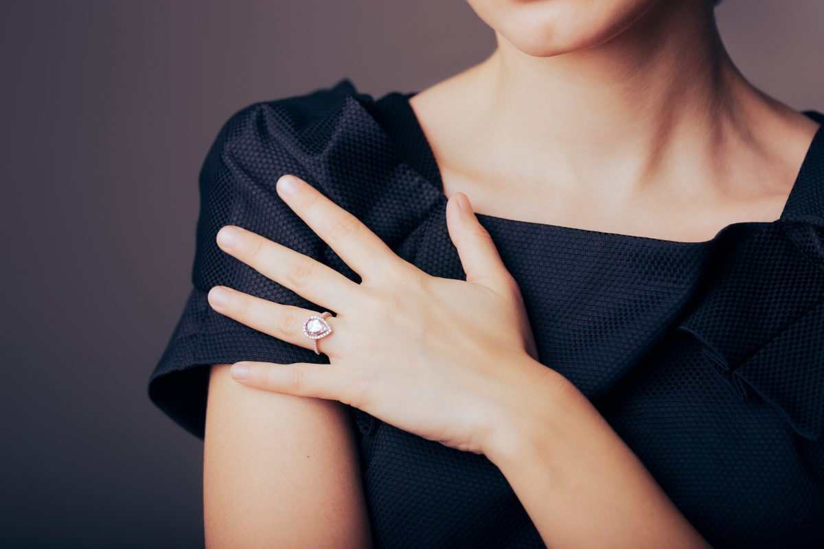 Female hand wears a gemstone ring