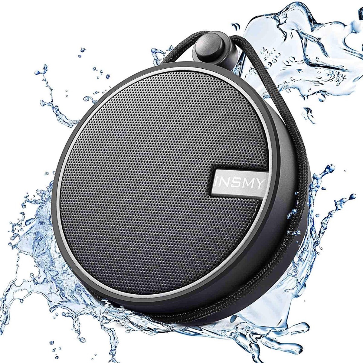 black speaker with water splashing around it, bathroom accessories