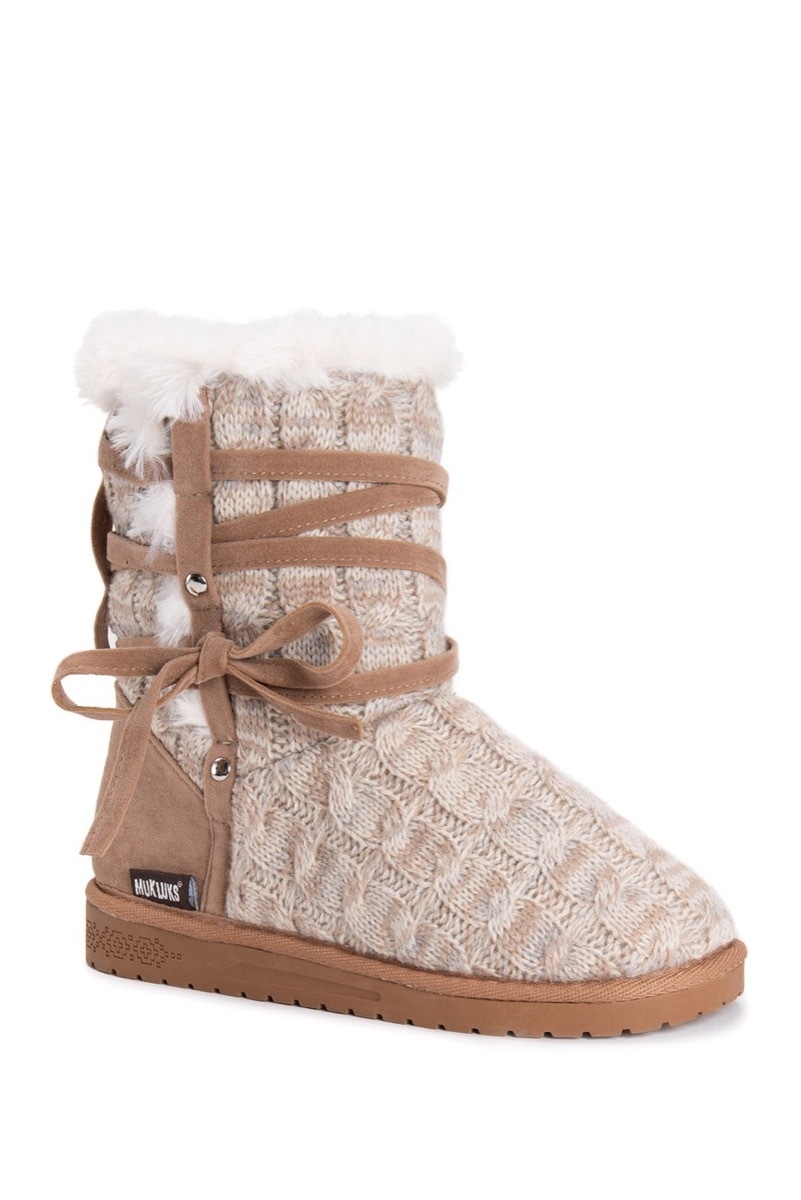 tan faux fur boots with knit exterior