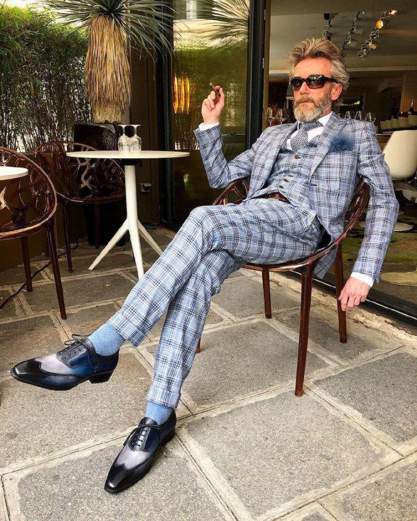 three piece suit and blue feather on Pierrick Mathon | 12 Classiest Yet Fun OOTD You’ve Ever Seen From Pierrick Mathon | Her Beauty